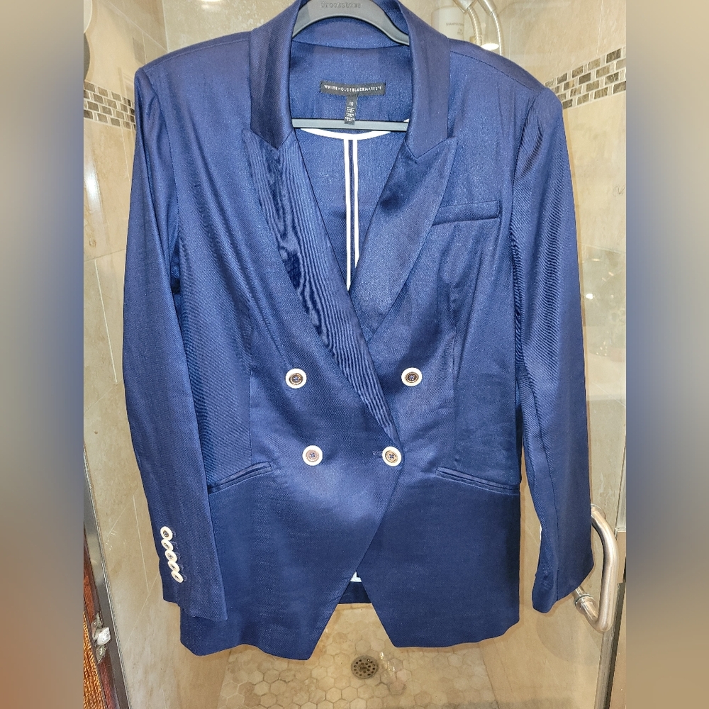 WHBM jacket blazer instructor Linen Studio Double Breasted navy blue